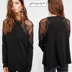 Free People Daniella Lace Top Black Size S Embroidered Boho Dark Romantic Tunic